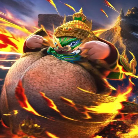 (masterpiece, best quality:1.2), dynamic light, ultra detail, miniature, mid shot, full body, looking at viewer,
(Tossakan titan:1.4), fang, solo, running, attack, (very fat body:1.4), obese, powerful pose,
fire splashing, long exposure, rock, ocean, mountain, volcano, cloud,
<lora:tossakanThaiTossakan_tossakanTitan:1.3>