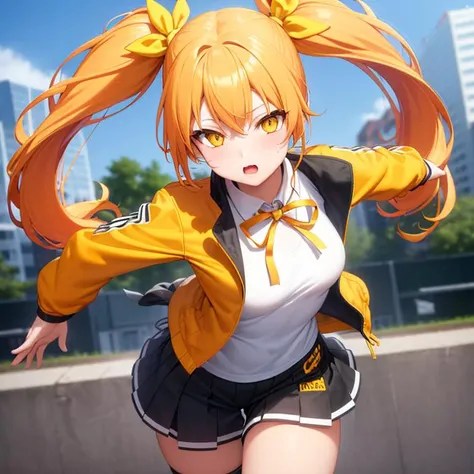 Energetic girl with twin tails, yellow long hair, yellow eyes, orange color ribbon hair ornament, detailed eyes, orange jacket, flower skates, orange color spats, neck ribbon, city, small breasts,