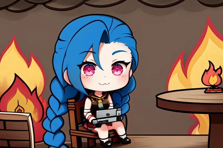 masterpiece,best quality,highres,8k, epic, 1girl, solo, (milf), sitting, wooden chair, wooden table, laptop,  <lora:jinxLeagueOfLegends_v10:0.8>,  jinx \(league of legends\), jinxlol, fire, (background on fire), <lora:thisisfine_v1:0.7>, thisisfine,
