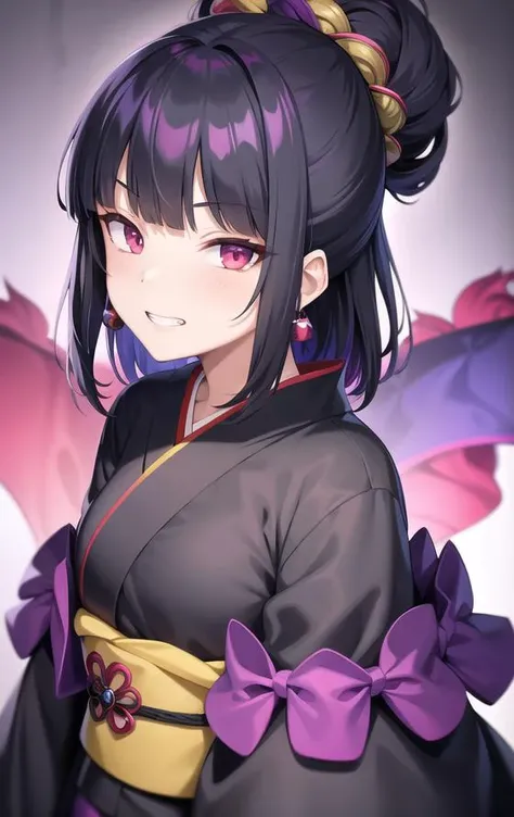 1girl, kimono, black kimono, evil grin, black hair, purple eyes, multicolored hair, purple hair, earrings, multicolored eyes, yellow eyes, amber eyes, ((masterpiece)), adult,