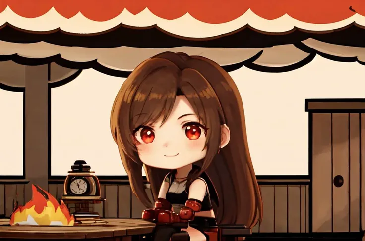 masterpiece,best quality,highres,8k, epic, 1girl, solo, milf, (tifa lockhart), long brown hair, red eyes, white sports bra, black miniskirt, red gloves, <lora:thisisfine_v1:0.9>, (thisisfine), sitting, wooden chair, wooden table, laptop, <lora:tifaLockhartLora_tifaLockhartV1:0.7>