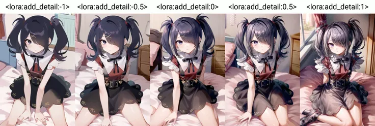 <lora:ame nso:1> 1girl, ame-chan, solo, twintails, red shirt, white collar, black skirt, suspenders, closed mouth, x hair ornament, sitting, indoors, bed, <lora:add_detail:-1>