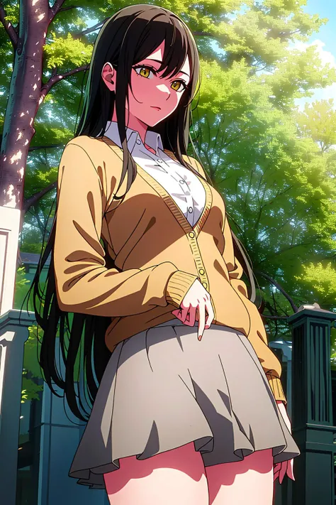 ultra realistic 8k cg, masterpiece, ((ultra detailed background, delicate pattern, intricate detail)), (highly detailed, fine details), best quality,(photorealistic:1.4),beautiful lighting, absurdres, RAW photo, film grain, 1girl, solo, school uniform, outside, small breasts, cowboy shot, frillshiranui\(oshinoko\), (light-brown cardigan), whit shirt, short skirt, yellow eyes, <lora:FrillShiranui:0.6>, <lora:BetterHands:0.6>