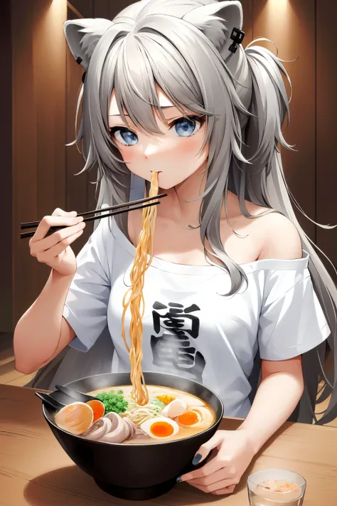 <lora:BotanLORA:0.7>,masterpiece, best quality, (absurdres:0.6), perfect antomy, 1girl, solo, Botan, BotanCasual,long hair,table,one hand holding bowl,(a girl eating ramen with chopsticks in her hand, with a bowl of noodles in front of her:1.3) , <lora:ramen_v1.2:1.0>