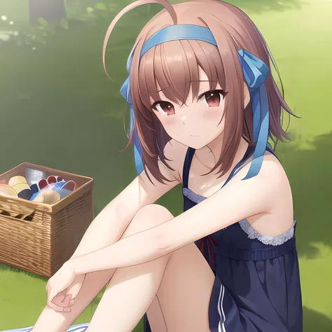 takanashisora, blush, brown hair, ahoge, blue hair ribbon, hairband, summer dress <lora:TakanashiSoraV2:1>, sitting, hugging knees, picnic, solo, colourful, ((masterpiece)), ((best quality)), ((highres)), ((detailed background)), ((extremely detailed CG unity 8k wallpaper)),