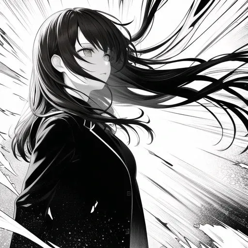 best quality,
1girl, solo, (long hair, brown hair, brown eyes), open shirt, open black jacket blowing, explosion in foreground, (strong wind blow), side way view,
rim lighting, highly detailed, absurdres, lineart, (monochrome, black and white), best quality, highres, 8k, <lora:animeoutlineV4_16:1>