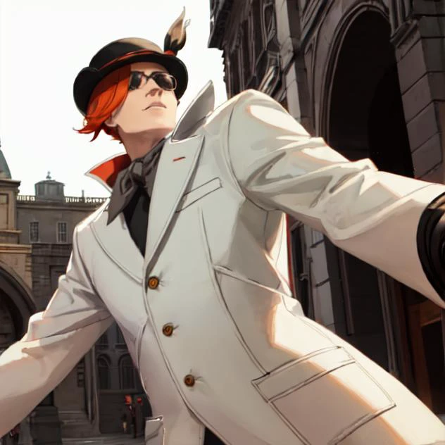 best quality, intricate details, masterpiece, good lighting, <lora:TORCHWICK-000005:1> , torchwick, bowler hat, white trench coat, wide shot,