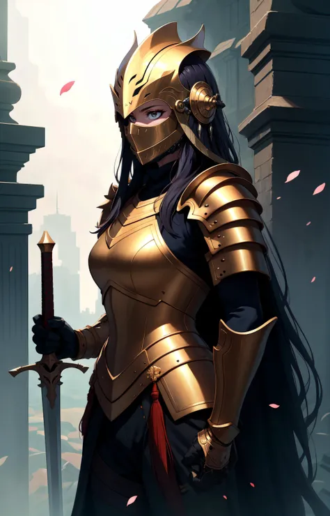 photorealistic, (hyperrealistic:1.2), beautiful, masterpiece, best quality, extremely detailed face, perfect lighting, WarriorStyle, weapon, armor, solo, gauntlets, sword, holding, shoulder armor, holding weapon, full armor, pauldrons, standing, pillar, holding sword, 1other, helmet, planted, petals, border, spikes, column, helmet, full face helmet, mask, mouth mask,