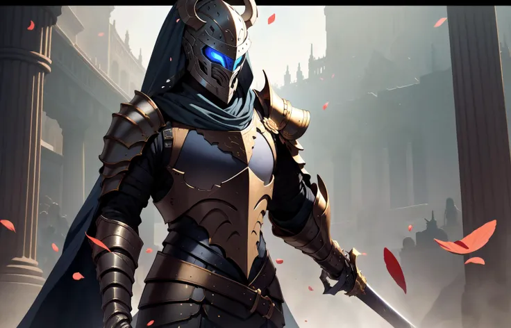 photorealistic, (hyperrealistic:1.2), beautiful, masterpiece, best quality, extremely detailed face, perfect lighting, WarriorStyle-1000, weapon, armor, solo, gauntlets, sword, holding, shoulder armor, holding weapon, full armor, pauldrons, standing, pillar, holding sword, 1other, helmet, planted, petals, border, spikes, column, helmet, full face helmet, mask, mouth mask,