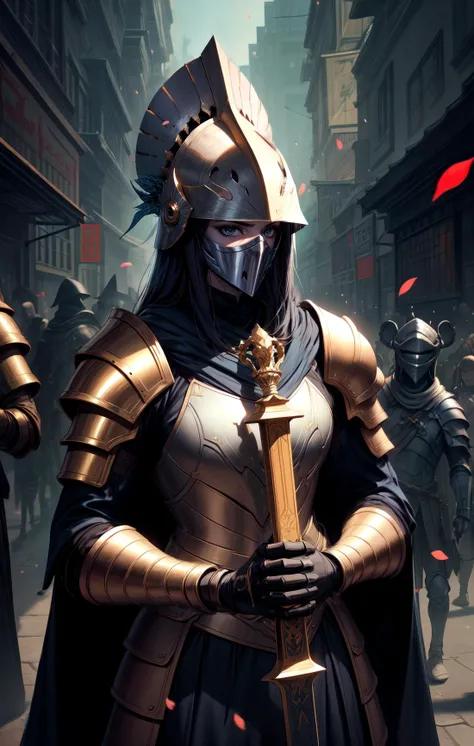 photorealistic, (hyperrealistic:1.2), beautiful, masterpiece, best quality, extremely detailed face, perfect lighting, WarriorStyle, weapon, armor, gauntlets, sword, holding, shoulder armor, holding weapon, full armor, pauldrons, standing, holding sword, helmet, planted, petals, helmet, full face helmet, mask, mouth mask, scenery, civilian crowd, ceremony,kingdom , medieval, parade, <lora:add_detail:1>,