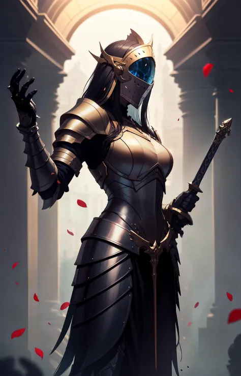 photorealistic, (hyperrealistic:1.2), beautiful, masterpiece, best quality, extremely detailed face, perfect lighting, WarriorStyle, weapon, armor, solo, gauntlets, sword, holding, shoulder armor, holding weapon, full armor, pauldrons, standing, pillar, holding sword, 1other, helmet, planted, petals, border, spikes, column, full face helmet, mask, mouth mask,