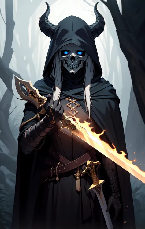 photorealistic, (hyperrealistic:1.2), beautiful, masterpiece, best quality, extremely detailed face, perfect lighting, WarriorStyle, long hair, weapon, white hair, skeleton, sword, planted, torn clothes, tree, 1girl, standing, skull, bare tree, hood, armor, mask, planted sword, fire, torn cape, cloak, outdoors, cape, holding, holding weapon