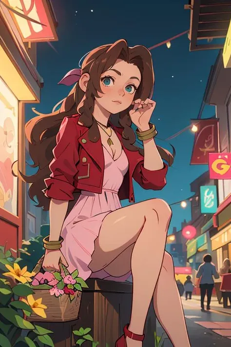 (masterpiece, best quality), 1girl,  beautiful face,  <lora:Aerith_redjacket:1> aerith gainsborough \(cosplay\) (1 young beautiful girl, solo:1.1), red_jacket, necklace,brown_hair,long_hair,bracelet,pink_dress,hair_ribbon,flowers basket,holding basket,sitting,street, night,city lights,