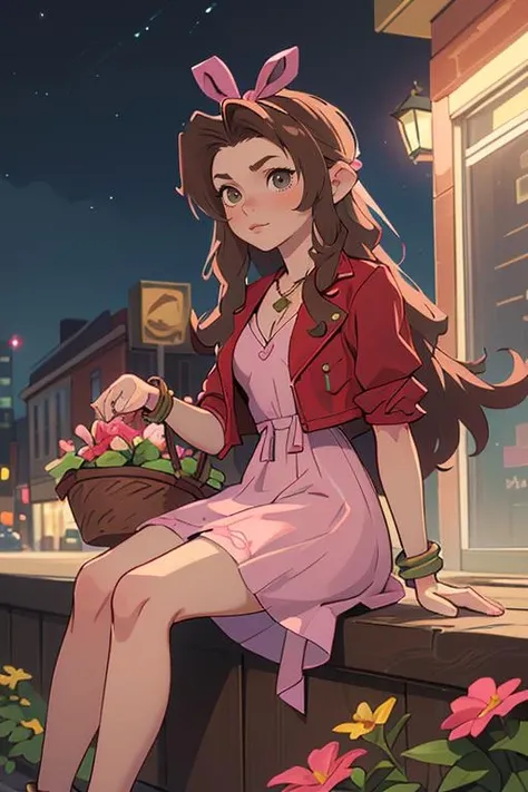 (masterpiece, best quality), 1girl, beautiful face, <lora:Aerith_redjacket:1> aerith gainsborough \(cosplay\) (1 young beautiful girl, solo:1.1), red_jacket, necklace,brown_hair,long_hair,bracelet,pink_dress,hair_ribbon,flowers basket,holding basket,sitting,street, night,city lights,