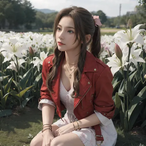 best quality,masterpiece,8k wallpaper,absurdres, highres, ultra detailed, (1 young beautiful girl, solo:1.1),aerith gainsborough \(cosplay\),red_jacket, necklace,brown_hair,long_hair,bracelet,pink_dress,hair_ribbon,flower, (lily (flower):1.3),sitting,grass, <lora:Aerith_ROLE:1>