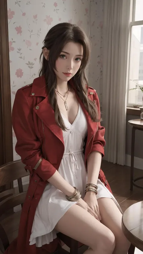 best quality,masterpiece,8k wallpaper,absurdres, highres, ultra detailed, (1 young beautiful girl, solo:1.1),aerith gainsborough \(cosplay\),red_jacket, necklace,brown_hair,long_hair,bracelet,pink_dress,hair_ribbon,hands on own knees,dining room<lora:Aerith_ROLE:1>
