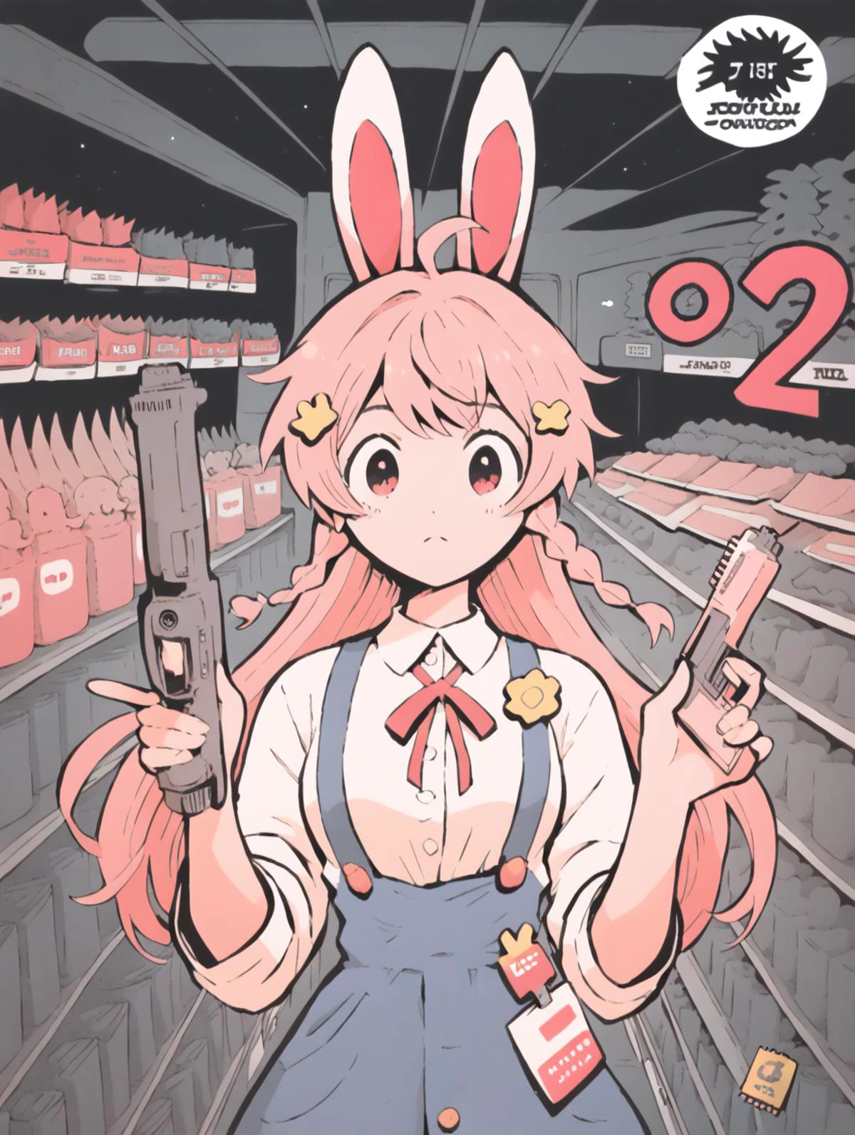 pippkinpippa is a cute pink rabbit and she's going to shootup a walmart, holding gun, [:, lineart:0.3], hatching[:, manga, comicbook:0.2], intricate detail, dynamic pose, cute anime
score_8_up <lora:Tsutomu_Nihei_OaN_Style:.81> <lora:Comic Cover:.81>  <lora:last:.61> <lora:H001PXL:.6> <lora:PipkinPippaV4Pony:.61>