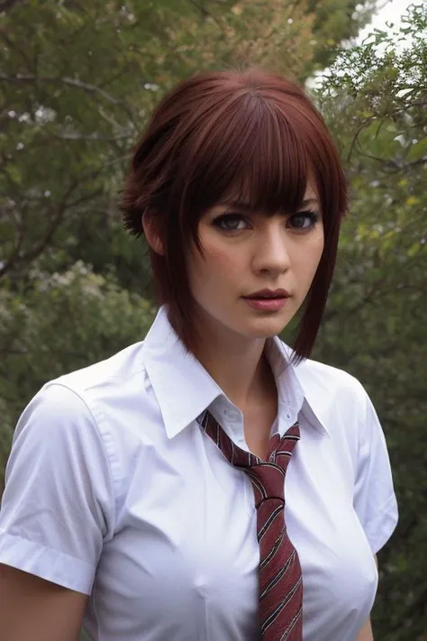 Realist Ultra High quality photo, closer face portrait, omo, red hair, red eyes, short hair, hair between eyes, bangs, breasts, large breasts (Iris definite) (Classic photo, white shirt with tie, green jacket, sleeves rolled up ), excited situation, ((very detailed eyes)) , perfecteyes eyes