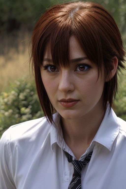 Realist Ultra High quality photo, closer face portrait, omo, red hair, red eyes, short hair, hair between eyes, bangs, breasts, large breasts (Iris definite) (Classic photo, white shirt with tie, green jacket, sleeves rolled up ), excited situation, ((very detailed eyes)) , perfecteyes eyes