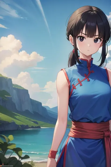 dragonballchichi, <lora:chichi-lora-nochekaiser:1>,
chi chi, (black eyes:1.5), black hair, long hair, hime cut, blunt bangs, sidelocks,
BREAK bare arms, blue dress, china dress, chinese clothes, dress, high collar, obi, pants, ponytail, red pants, red sash, red wristband, sash, side slit, sleeveless, sleeveless dress, wristband
BREAK outdoors, nature, forest, cloud, sky, sun,
BREAK looking at viewer, (cowboy shot:1.5),
BREAK <lyco:GoodHands-beta2:1>, (masterpiece:1.2), best quality, high resolution, unity 8k wallpaper, (illustration:0.8), (beautiful detailed eyes:1.6), extremely detailed face, perfect lighting, extremely detailed CG, (perfect hands, perfect anatomy),