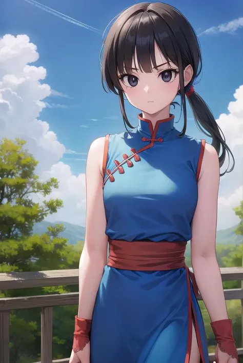 dragonballchichi, <lora:chichi-lora-nochekaiser:1>,
chi chi, (black eyes:1.5), black hair, long hair, hime cut, blunt bangs, sidelocks,
BREAK bare arms, blue dress, china dress, chinese clothes, dress, high collar, obi, pants, ponytail, red pants, red sash, red wristband, sash, side slit, sleeveless, sleeveless dress, wristband
BREAK outdoors, nature, forest, cloud, sky, sun,
BREAK looking at viewer, (cowboy shot:1.5),
BREAK <lyco:GoodHands-beta2:1>, (masterpiece:1.2), best quality, high resolution, unity 8k wallpaper, (illustration:0.8), (beautiful detailed eyes:1.6), extremely detailed face, perfect lighting, extremely detailed CG, (perfect hands, perfect anatomy),