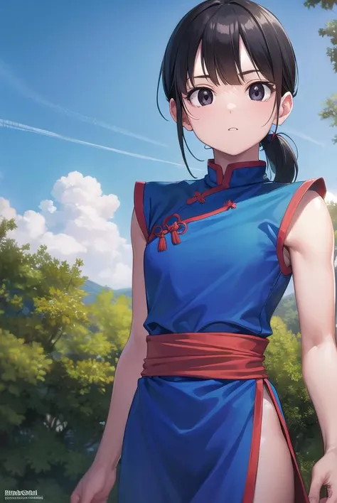 dragonballchichi, <lora:chichi-lora-nochekaiser:1>,
chi chi, (black eyes:1.5), black hair, long hair, hime cut, blunt bangs, sidelocks,
BREAK bare arms, blue dress, china dress, chinese clothes, dress, high collar, obi, pants, ponytail, red pants, red sash, red wristband, sash, side slit, sleeveless, sleeveless dress, wristband
BREAK outdoors, nature, forest, cloud, sky, sun,
BREAK looking at viewer, (cowboy shot:1.5),
BREAK <lyco:GoodHands-beta2:1>, (masterpiece:1.2), best quality, high resolution, unity 8k wallpaper, (illustration:0.8), (beautiful detailed eyes:1.6), extremely detailed face, perfect lighting, extremely detailed CG, (perfect hands, perfect anatomy),