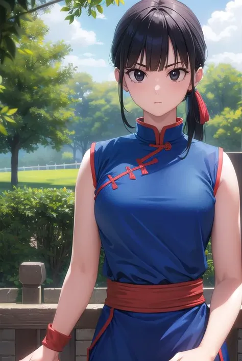 dragonballchichi, <lora:chichi-lora-nochekaiser:1>,
chi chi, (black eyes:1.5), black hair, long hair, hime cut, blunt bangs, sidelocks,
BREAK bare arms, blue dress, china dress, chinese clothes, dress, high collar, obi, pants, ponytail, red pants, red sash, red wristband, sash, side slit, sleeveless, sleeveless dress, wristband
BREAK outdoors, nature, forest, cloud, sky, sun,
BREAK looking at viewer, (cowboy shot:1.5),
BREAK <lyco:GoodHands-beta2:1>, (masterpiece:1.2), best quality, high resolution, unity 8k wallpaper, (illustration:0.8), (beautiful detailed eyes:1.6), extremely detailed face, perfect lighting, extremely detailed CG, (perfect hands, perfect anatomy),