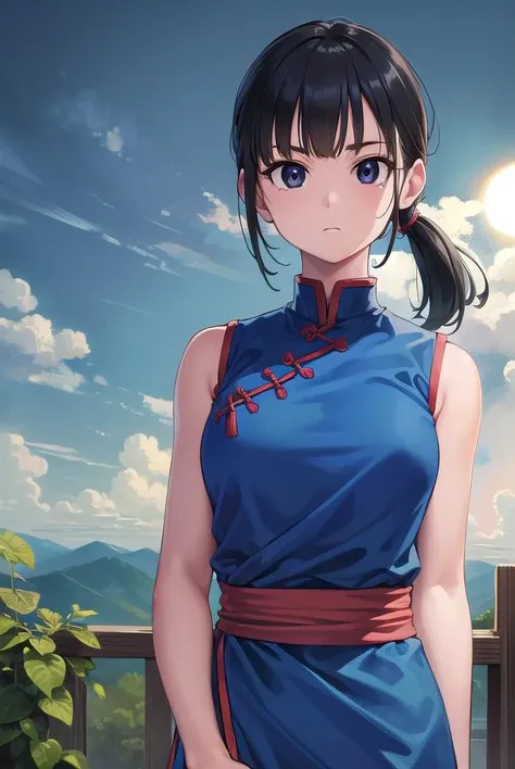 dragonballchichi, <lora:chichi-lora-nochekaiser:1>,
chi chi, (black eyes:1.5), black hair, long hair, hime cut, blunt bangs, sidelocks,
BREAK bare arms, blue dress, china dress, chinese clothes, dress, high collar, obi, pants, ponytail, red pants, red sash, red wristband, sash, side slit, sleeveless, sleeveless dress, wristband
BREAK outdoors, nature, forest, cloud, sky, sun,
BREAK looking at viewer, (cowboy shot:1.5),
BREAK <lyco:GoodHands-beta2:1>, (masterpiece:1.2), best quality, high resolution, unity 8k wallpaper, (illustration:0.8), (beautiful detailed eyes:1.6), extremely detailed face, perfect lighting, extremely detailed CG, (perfect hands, perfect anatomy),