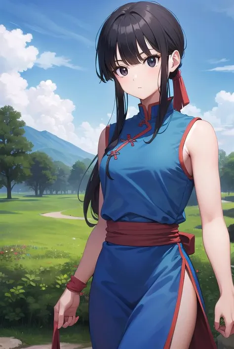 dragonballchichi, <lora:chichi-lora-nochekaiser:1>,
chi chi, (black eyes:1.5), black hair, long hair, hime cut, blunt bangs, sidelocks,
BREAK bare arms, blue dress, china dress, chinese clothes, dress, high collar, obi, pants, ponytail, red pants, red sash, red wristband, sash, side slit, sleeveless, sleeveless dress, wristband
BREAK outdoors, nature, forest, cloud, sky, sun,
BREAK looking at viewer, (cowboy shot:1.5),
BREAK <lyco:GoodHands-beta2:1>, (masterpiece:1.2), best quality, high resolution, unity 8k wallpaper, (illustration:0.8), (beautiful detailed eyes:1.6), extremely detailed face, perfect lighting, extremely detailed CG, (perfect hands, perfect anatomy),