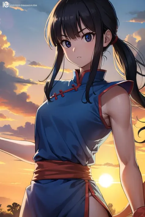 dragonballchichi, <lora:chichi-lora-nochekaiser:1>,
chi chi, (black eyes:1.5), black hair, long hair, hime cut, blunt bangs, sidelocks,
BREAK bare arms, blue dress, china dress, chinese clothes, dress, high collar, obi, pants, ponytail, red pants, red sash, red wristband, sash, side slit, sleeveless, sleeveless dress, wristband
BREAK outdoors, nature, forest, cloud, sky, sun,
BREAK looking at viewer, (cowboy shot:1.5),
BREAK <lyco:GoodHands-beta2:1>, (masterpiece:1.2), best quality, high resolution, unity 8k wallpaper, (illustration:0.8), (beautiful detailed eyes:1.6), extremely detailed face, perfect lighting, extremely detailed CG, (perfect hands, perfect anatomy),