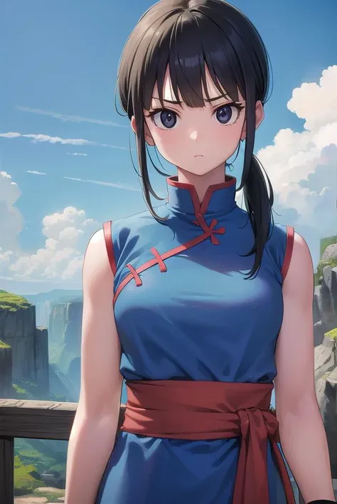 dragonballchichi, <lora:chichi-lora-nochekaiser:1>,
chi chi, (black eyes:1.5), black hair, long hair, hime cut, blunt bangs, sidelocks,
BREAK bare arms, blue dress, china dress, chinese clothes, dress, high collar, obi, pants, ponytail, red pants, red sash, red wristband, sash, side slit, sleeveless, sleeveless dress, wristband
BREAK outdoors, nature, forest, cloud, sky, sun,
BREAK looking at viewer, (cowboy shot:1.5),
BREAK <lyco:GoodHands-beta2:1>, (masterpiece:1.2), best quality, high resolution, unity 8k wallpaper, (illustration:0.8), (beautiful detailed eyes:1.6), extremely detailed face, perfect lighting, extremely detailed CG, (perfect hands, perfect anatomy),