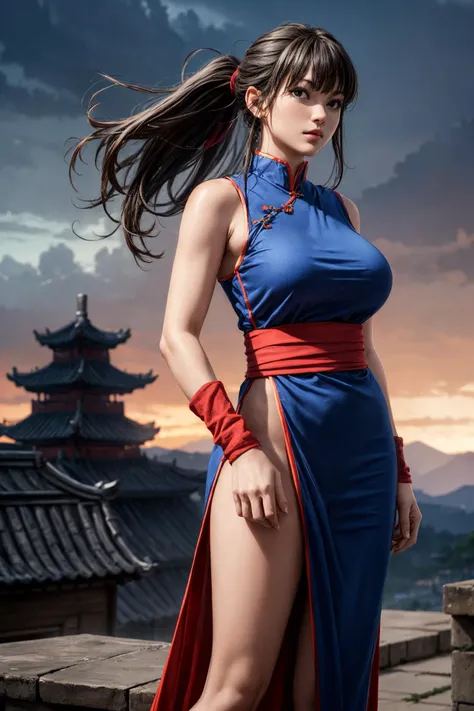 mai shiranui, (Full body portrait:2.0), Full body, (tabi:2.0), (Realism), (masutepiece:2.0), (Best Quality), (ultra-detailliert), (8K, 4K, Convoluted), (skinny), Prestige, Brown eyes, Long hair, Brown hair, White ribbon, Sleeveless, poneyTail, sash, pelvis curtain, arm guards, mitts, fascinated expression, Sexy eyes, medium breasts, Smile, Cute, view the viewer, Long hair, Close to Japan temple, (breasts focus:1.2), (Realistic:1.2), (Full Shot: 1.2), (85 mm), light Particle, Lighting, (Highly detailed:1.2), (Detailed face:1.2), (gradients), SFV, Colorful, (Detailed eyes:1.2), (Detailed temples of Japan: 1.2),(Detailed background), (Dynamic Angle:1.2), (Dynamic Pose:1.2), (Line of action:1.2), Wide Shot, Daylight, Solo.