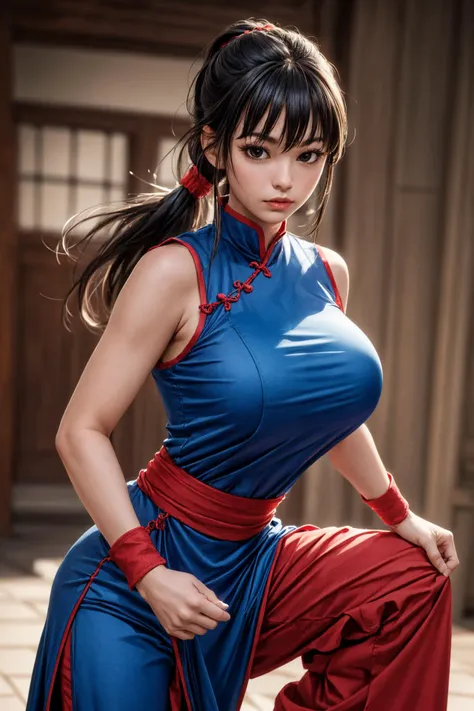 (masutepiece, Best Quality, 32 HDR, High resolution), (1womanl:2.0, Solo:2.0, 1character:2.0), (Chi chi, dragon balls, qipao dress, Pink ribbon, Blue Dress, Pink boots), (ultra gigantic tits:1.3, Exposed shaved armpits:1.3), (in the abandoned house:1.1, In an abandoned village), hyperdetailed face, ultra detailed skin texture, (lay down, Shaved armpits:1.15),