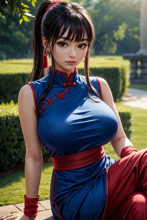 Caitlin Halderman, (ultra realistic,32k, masterpiece:1.2),(high detailed skin:1.1),( high quality:1.1),
chi chi, (black eyes:1.5), black hair, long hair, hime cut, blunt bangs, sidelocks,bare arms, blue dress, china dress, chinese clothes, dress, high collar, obi, pants, ponytail, red pants, red sash, red wristband, sash, side slit, sleeveless, sleeveless dress, wristband,(looking at viewer, Bend forward:1.1),, huge breast,large breast,,(radiant:1.1), starborn citadel, celestial architecture, radiant beacons, abode of star-born beings,  blurry background, show nipples in medium breasts, show vagina, spread legs.