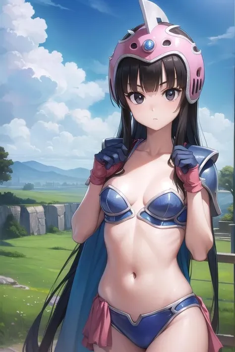 dragonballchichi, <lora:chichi-lora-nochekaiser:1>,
chi chi, (black eyes:1.5), black hair, long hair, hime cut, blunt bangs, sidelocks,
BREAK armor, bikini armor, cape, collarbone, gloves, helmet, navel, pauldrons, shoulder armor, cleavage,
BREAK outdoors, nature, forest, cloud, sky, sun,
BREAK looking at viewer, (cowboy shot:1.5),
BREAK <lyco:GoodHands-beta2:1>, (masterpiece:1.2), best quality, high resolution, unity 8k wallpaper, (illustration:0.8), (beautiful detailed eyes:1.6), extremely detailed face, perfect lighting, extremely detailed CG, (perfect hands, perfect anatomy),