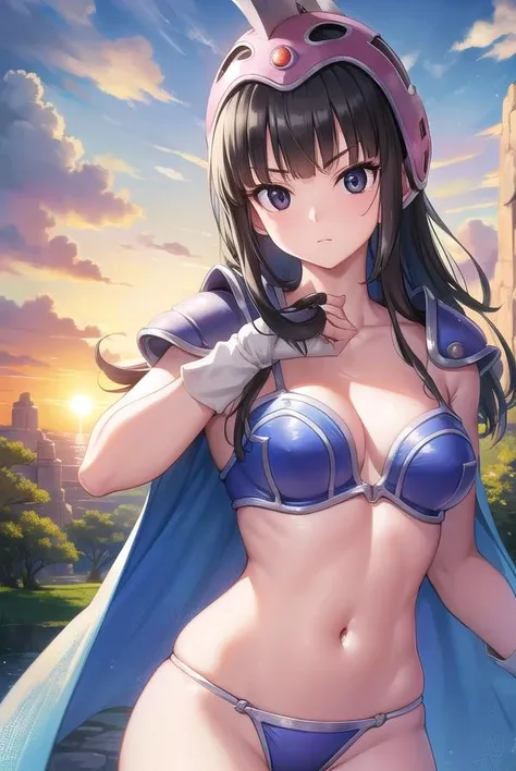 dragonballchichi, <lora:chichi-lora-nochekaiser:1>,
chi chi, (black eyes:1.5), black hair, long hair, hime cut, blunt bangs, sidelocks,
BREAK armor, bikini armor, cape, collarbone, gloves, helmet, navel, pauldrons, shoulder armor, cleavage,
BREAK outdoors, nature, forest, cloud, sky, sun,
BREAK looking at viewer, (cowboy shot:1.5),
BREAK <lyco:GoodHands-beta2:1>, (masterpiece:1.2), best quality, high resolution, unity 8k wallpaper, (illustration:0.8), (beautiful detailed eyes:1.6), extremely detailed face, perfect lighting, extremely detailed CG, (perfect hands, perfect anatomy),