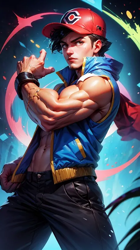 <lora:GoodHands-beta2:0.8>
 <lora:pokemon_ashketchum-10:0.8> pokemonketchum, red baseball cap, blue jacket, sleeveless jacket, shirtless, short sleeves, pants, fingerless gloves, 1boy, 25 year old, young adult, muscle, looking at viewer, solo, 
 <lora:[Artwork Style] League of Legends Splashscreen  - Version 2:0.8> lolstyle, splashstar style, league of legends style,  dynamic pose,