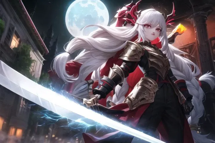 lolstyle, art style, 1girl, long_hair, red_eyes, 1boy, holding, weapon, braid, white_hair, outdoors, teeth, pants, sword, holding_weapon, armor, mask, night, glowing, moon, fire, shoulder_armor, gauntlets, glowing_eyes, dual_wielding
