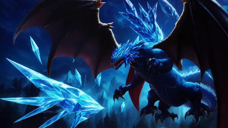 lolstyle, art style, solo, open_mouth, blue_eyes, tail, weapon, outdoors, wings, sky, teeth, sword, blurry, from_side, tree, no_humans, night, glowing, fangs, sharp_teeth, glowing_eyes, claws, flying, monster, ice, blue_theme, crystal, dragon, duel_monster, multiple_wings, talons, spread_wings