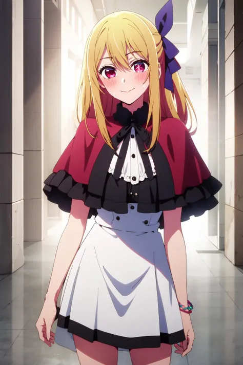 <lora:anime_screencap_v2:0.3> tall body, tall, long legs, mature female, mature, adult, <lora:GoodHands-beta2:1.4>,
 <lora:eft_oshi_ruby:0.8> , eft_oshi_ruby, 1girl, solo, blonde hair, smile, blush, looking at viewer, long hair, upper body, capelet, ribbon, hair bow, bangs, bow, closed mouth, red eyes, hair between eyes, sweat, pink eyes, dress, hair ribbon, short sleeves, purple eyes, jewelry