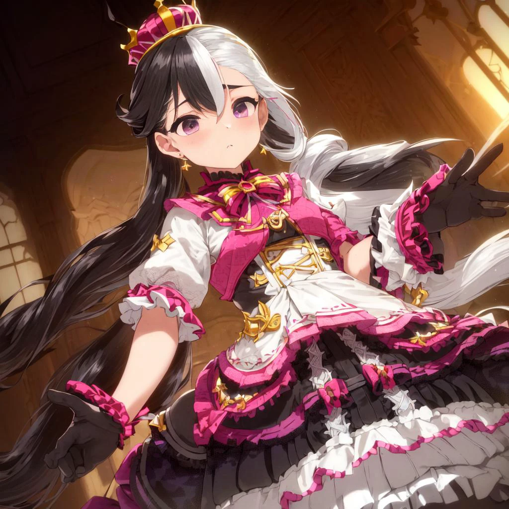 e7 Chloe <lora:e7 Chloe:1>, (((two-tone hair))),(((half black hair and half white hair))), twintails, red ribbons, (purple eyes), (small breasts), (small crown), ((white stocking with black stripes)), baroque black long skirt over white shorts
(masterpiece), best quality, highres, 4k, 8k, Detailed Illustration, intricate detail, cinematic lighting, amazing quality, 1girl, fit female, amazing shading, soft lighting, facing camera,
in a baroque doll house
