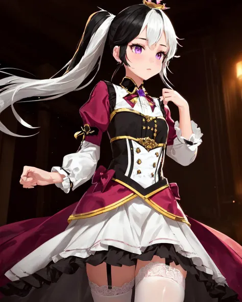 e7 Chloe <lora:e7 Chloe:1>, (((two-tone hair))),(((half black hair and half white hair))), twintails with red ribbons, (purple eyes), (small breasts), (small crown), ((white stocking with black stripes)), (baroque black long skirt) over white shorts, black dress, (masterpiece), best quality, highres, 4k, 8k, Detailed Illustration, intricate detail, cinematic lighting, amazing quality, 1girl, fit female, amazing shading, soft lighting, facing camera, perfect eyes