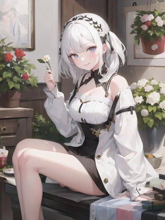 masterpiece, best quality, 1girl, white hair, smiling, looking at viewer, adult, fully mature, holding flower