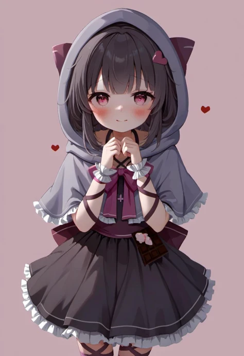 <lora:DetailedEyes_V3:1.0>, masterpiece, best quality, rating: general, newest, <lora:Fallenshadow_SDXL:0.8>, Fallenshadow, yandere, chocolate, heart-shaped pupils, single wrist cuff, symbol-shaped pupils, solo, hands on own face, dress, food-themed clothes, criss-cross halter, waist bow, hood up, heart, shaded face, arm ribbon, grey cape, cloak, capelet, hands on own cheeks, smile, grey capelet, black dress, frills, halterneck, leg ribbon, cape, short dress, frilled dress, looking at viewer, petite, simple background, pink background, outline, white background, brown background