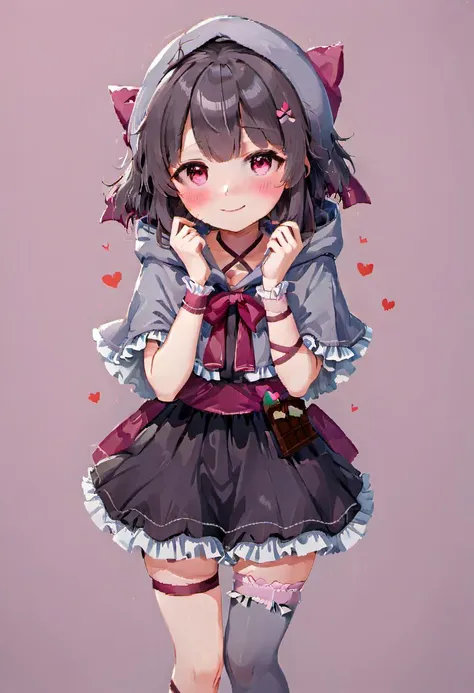 <lora:xl_more_art-full_v1:1>, masterpiece, best quality, rating: general, newest,  <lora:Fallenshadow_SDXL:0.8>, Fallenshadow, yandere, chocolate, heart-shaped pupils, single wrist cuff, symbol-shaped pupils, solo, hands on own face, dress, food-themed clothes, criss-cross halter, waist bow, hood up, heart, shaded face, arm ribbon, grey cape, cloak, capelet, hands on own cheeks, smile, grey capelet, black dress, frills, halterneck, leg ribbon, cape, short dress, frilled dress, looking at viewer, petite, simple background, pink background, outline, white background, brown background