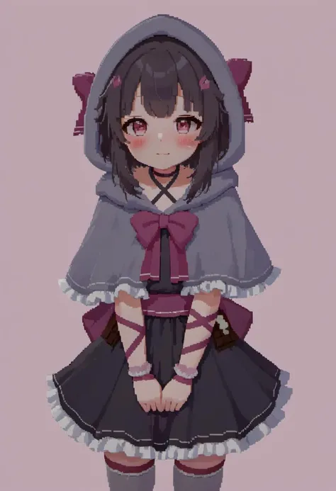 pixel art, masterpiece, best quality, rating: general, newest, <lora:Fallenshadow_SDXL:0.8>, Fallenshadow, yandere, chocolate, heart-shaped pupils, single wrist cuff, symbol-shaped pupils, solo, hands on own face, dress, food-themed clothes, criss-cross halter, waist bow, hood up, heart, shaded face, arm ribbon, grey cape, cloak, capelet, hands on own cheeks, smile, grey capelet, black dress, frills, halterneck, leg ribbon, cape, short dress, frilled dress, looking at viewer, petite, simple background, pink background, outline, white background, brown background