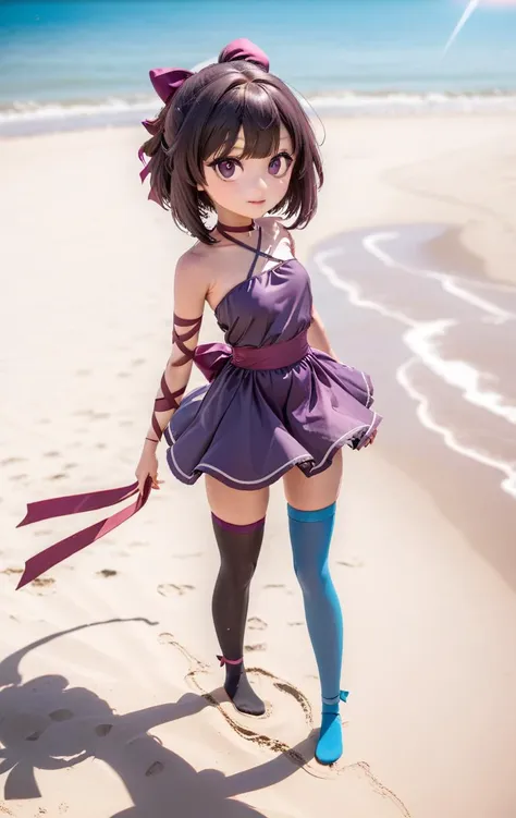 1girl <lora:Fallenshadow_SDXL:0.8> fallenshadow at the beach, halterneck, leg ribbon, criss-cross halter, short dress, single thighhigh, professional photograph