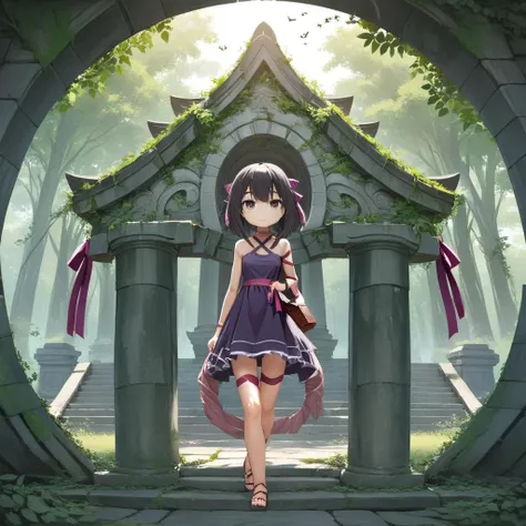 1girl <lora:Fallenshadow_SDXL:0.8> fallenshadow at an overgrown stone temple, leg ribbon, criss-cross halter, short dress, bags under eyes