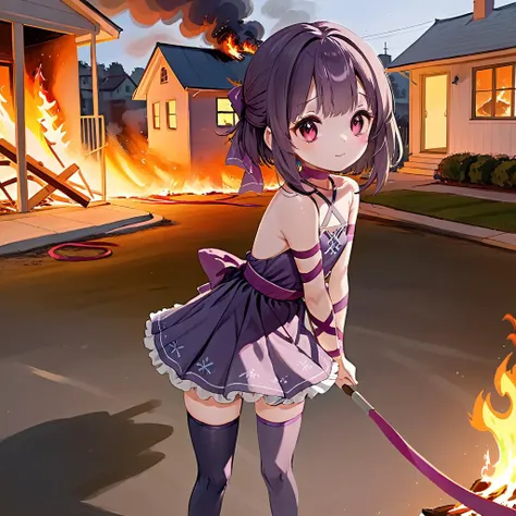 1girl <lora:Fallenshadow_SDXL:1> fallenshadow gleefully watching an house fire, halterneck, leg ribbon, criss-cross halter, short dress, single thighhigh