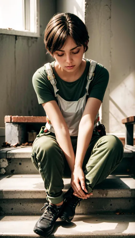 masterpiece, best quality, highres, intricate detail,  <lora:rebeccachambers-nvwls-v1:1> reRebecca, vest, green shirt,pouch, green pants,  <lora:epiCRealismHelper:1>, upper body, stairs, sitting on stairs, first aid kit,  abandoned buiding,  <lora:add_detail:2>, closed eyes,